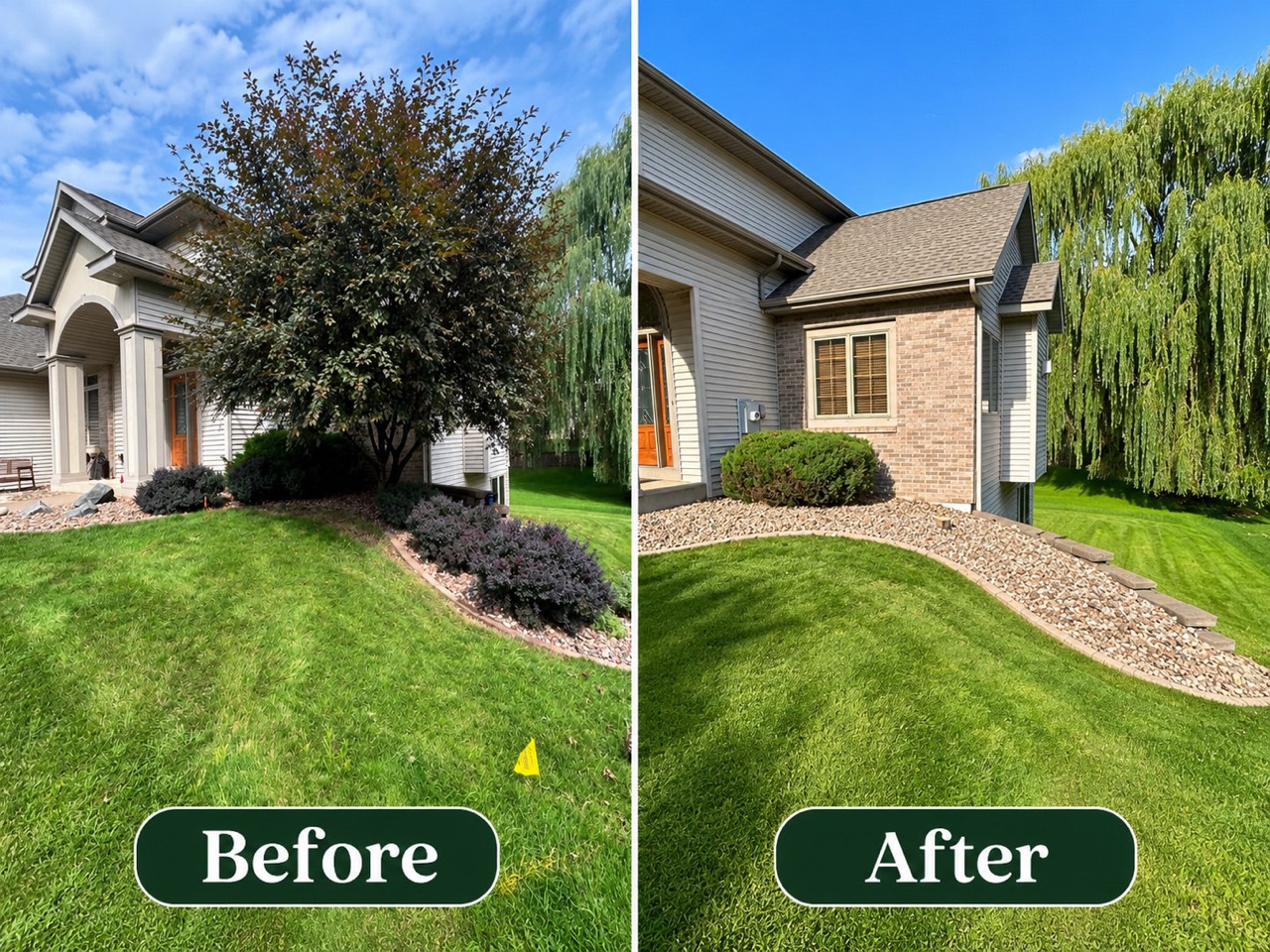 Before and after: tree and shrubs removed from a front yard rock bed to open up the view of the home