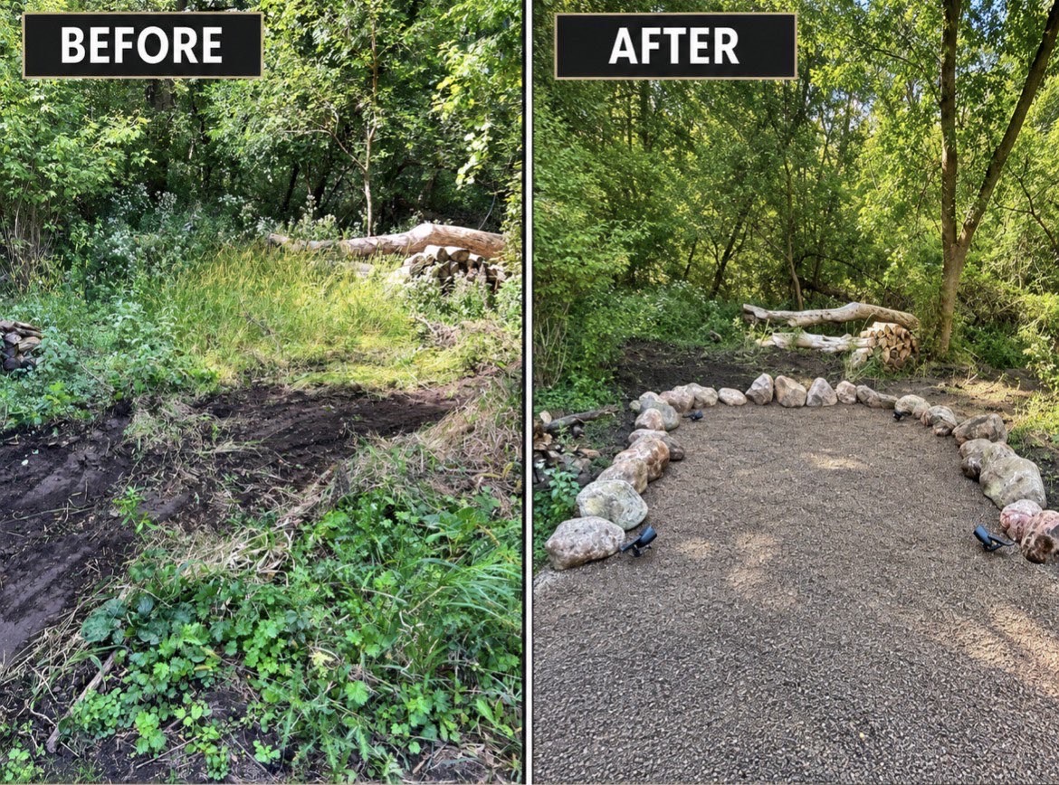 Before and after: overgrown woodland area cleared and finished with a natural stone border